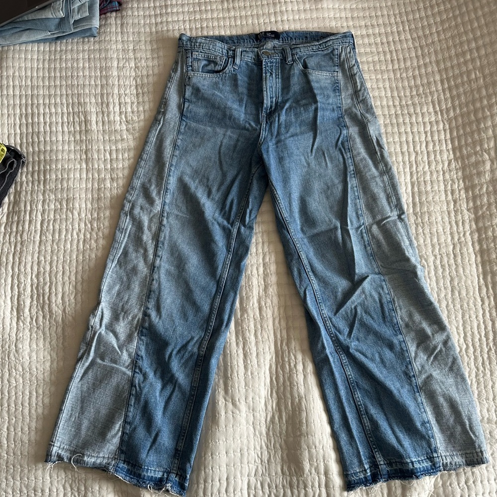 GAP Two-Tone Wide Leg Patchwork Jeans - Light Blue Denim